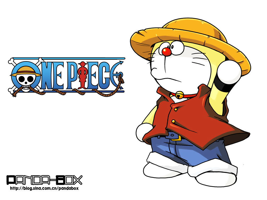 1boy animal_focus artist_name bell belt buttons closed_mouth copyright_name cosplay doraemon doraemon_(character) dress_shirt hat logo male_focus monkey_d._luffy monkey_d._luffy_(cosplay) neck_bell one_piece pandabox red_nose red_shirt shirt simple_background solo standing straw_hat third-party_source watermark web_address white_background