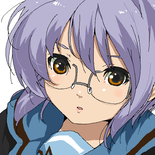 1girl brown_eyes chiisan female_focus glasses grey_hair looking_at_viewer lowres nagato_yuki oekaki purple_hair school_uniform serafuku short_hair simple_background solo suzumiya_haruhi_no_yuuutsu