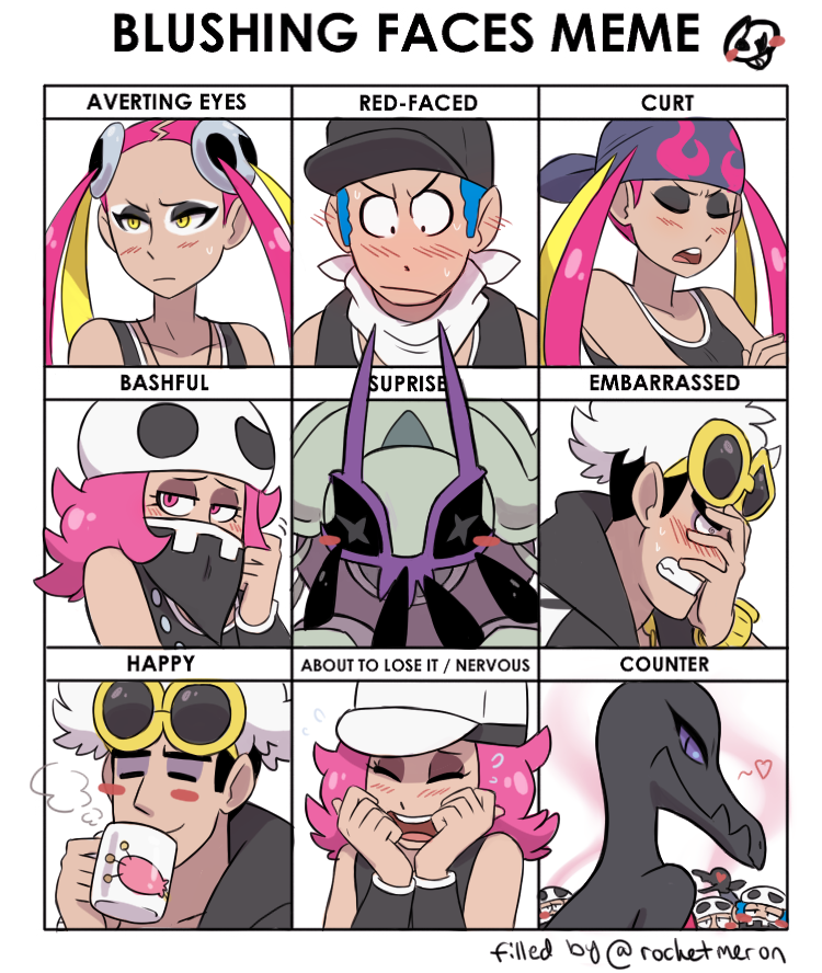 2boys 2girls bandana baseball_cap black_bandana black_headwear blush blush_stickers closed_eyes commentary creature crossed_arms cup embarrassed english_commentary english_text eyeshadow facepalm furrowed_brow gen_3_pokemon gen_7_pokemon golisopod guzma_(pokemon) happy hat heart heart-shaped_eyes holding holding_cup long_hair looking_at_another looking_at_viewer makeup medium_hair mug multiple_boys multiple_expressions multiple_girls nintendo pink_eyes pink_hair plumeria plumeria_(pokemon) pokemon pokemon_(creature) pokemon_sm portrait punk_girl_(pokemon) punk_guy_(pokemon) purple_eyes rocketmeron salandit salazzle simple_background skitty sleeveless steam sunglasses sunglasses_on_head team_skull team_skull_grunt team_skull_grunt_(female) team_skull_uniform white_background white_hair white_headwear yellow_eyes