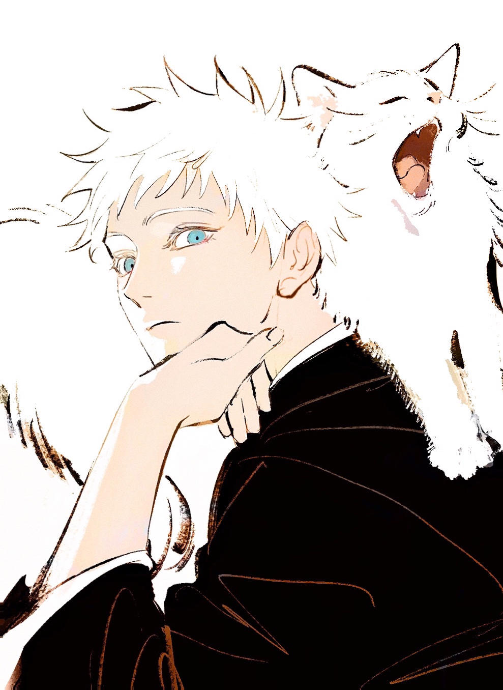 1boy animal animal_on_shoulder black_robe blue_eyes cat cat_on_shoulder closed_eyes closed_mouth colored_eyelashes commentary fangs fingernails frown gojou_satoru head_rest highres jujutsu_kaisen long_sleeves looking_at_viewer male_focus open_mouth robe shki00 short_hair simple_background solo tongue upper_body white_background white_cat white_hair yawning
