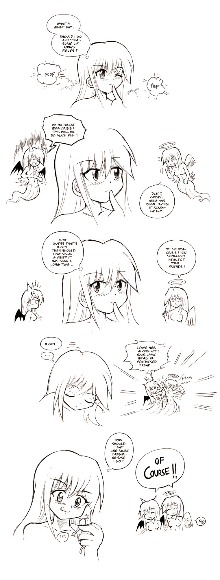 1girl 3girls angel_and_devil blush chibi crisis dual_persona felarya fighting giant giantess highres karbo lamia monster_girl multiple_girls nipples nude vore
