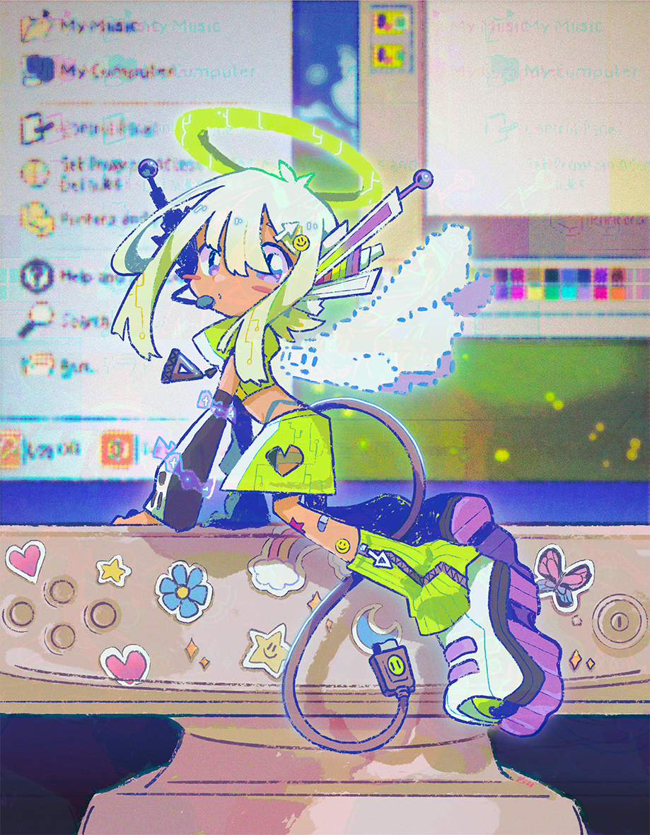 1girl antenna_hair black_sleeves blush_stickers cable cable_tail circuit_board_print climbing clothing_cutout cursor_hair_ornament deformed desktop_(computing) detached_sleeves detached_wings flipped_hair floating full_body green_arm_warmers green_hair green_halo green_jacket green_skirt hair_between_eyes halo hand_rest headset heart_cutout holographic_wings jacket kitchupsandwich leaning_forward leg_support long_sleeves looking_at_viewer looking_back mechanical_tail midriff mini_person minigirl monitor original parted_lips platform_footwear purple_eyes ribbed_legwear short_hair_with_long_locks skirt sleeveless sleeveless_jacket smiley_hair_ornament solo sticker tail tan white_footwear white_wings desktop_(computing) wings y2k_fashion zipper zipper_pull_tab