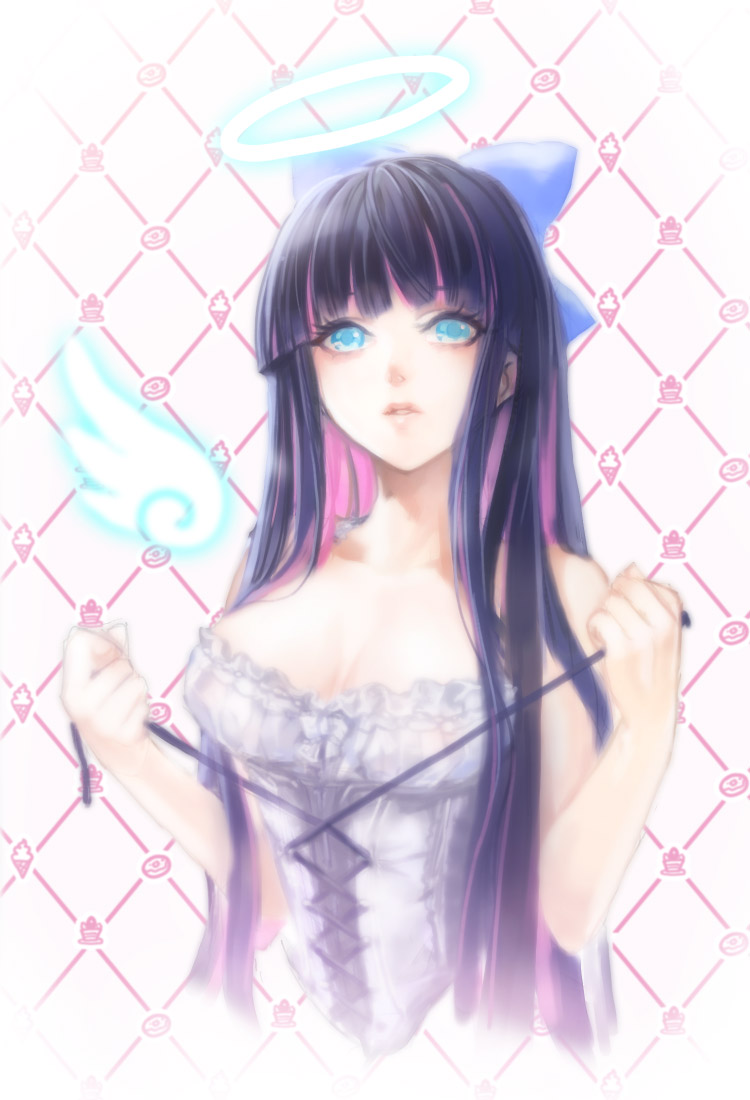 10s 1girl blue_eyes bow colored_inner_hair female_focus hair_bow halo kuroba_(artist) kuroba_k long_hair multicolored_hair pale_color panty_&amp;_stocking_with_garterbelt solo stocking_(psg) two-tone_hair undressing