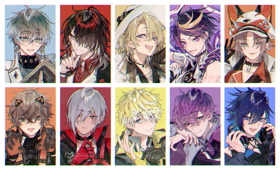 6+boys ahoge alban_knox animal_ears black_hair blonde_hair brown_hair cat_ears commentary earrings fedora fulgur_ovid glasses gloves green_eyes grey_eyes grey_hair hair_over_one_eye hand_up hands_up hat headphones headphones_around_neck heterochromia ike_eveland jewelry luca_kaneshiro luxiem multiple_boys mysta_rias nijisanji nijisanji_en noctyx open_mouth purple_eyes purple_hair sapphire_(nine) shu_yamino smile sonny_brisko symbol-only_commentary uki_violeta virtual_youtuber vox_akuma white_gloves white_hat yugo_asuma