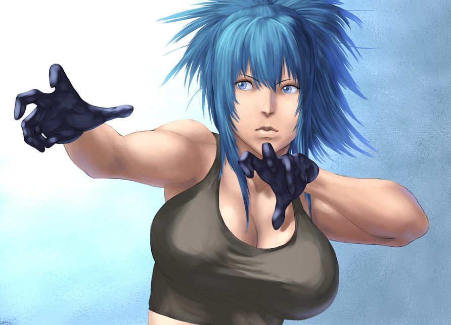 1girl bare_shoulders black_gloves blue_eyes blue_hair breasts cleavage crop_top female_focus fighting_stance gloves huge_breasts leona_heidern lips matching_hair/eyes ponytail ryu_(gaquarium) solo tank_top the_king_of_fighters