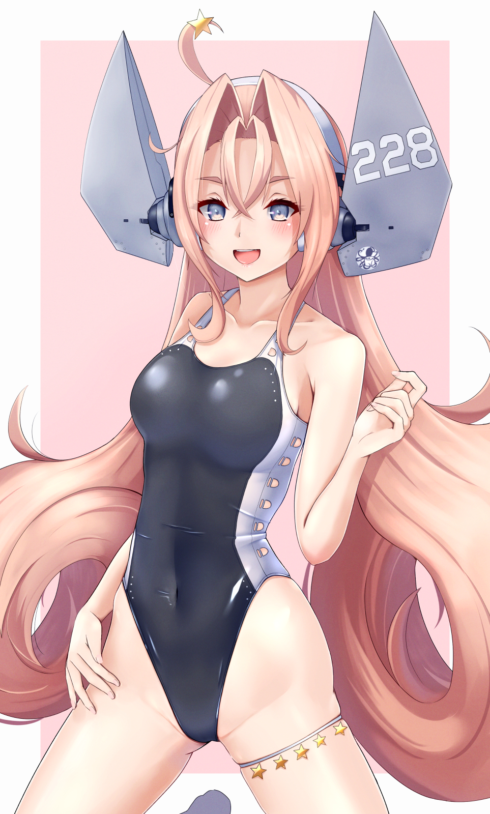 1girl black_one-piece_swimsuit blush breasts drum_(kancolle) garrison_cap gluteal_fold grey_eyes hair_between_eyes hair_ornament hair_rings hat headgear highres kantai_collection long_hair looking_at_viewer medium_breasts mesera one-piece_swimsuit open_mouth pink_background pink_hair revision simple_background smile solo star_(symbol) star_hair_ornament swimsuit very_long_hair white_background