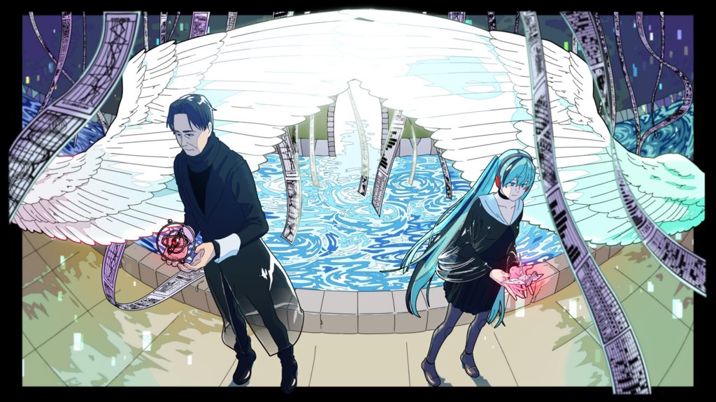 1boy 1girl black_coat black_dress black_hair black_pants black_shoes blue_eyes blue_hair closed_mouth coat commentary_request dress expressionless feathered_wings full_body grey_pantyhose grey_shoes gyroscope hatsune_miku headset hirasawa_susumu long_hair multicolored_hair pants pantyhose paper_chain real_life ripples second-party_source shoes short_hair streaked_hair twintails very_long_hair vocaloid white_wings wings xuha
