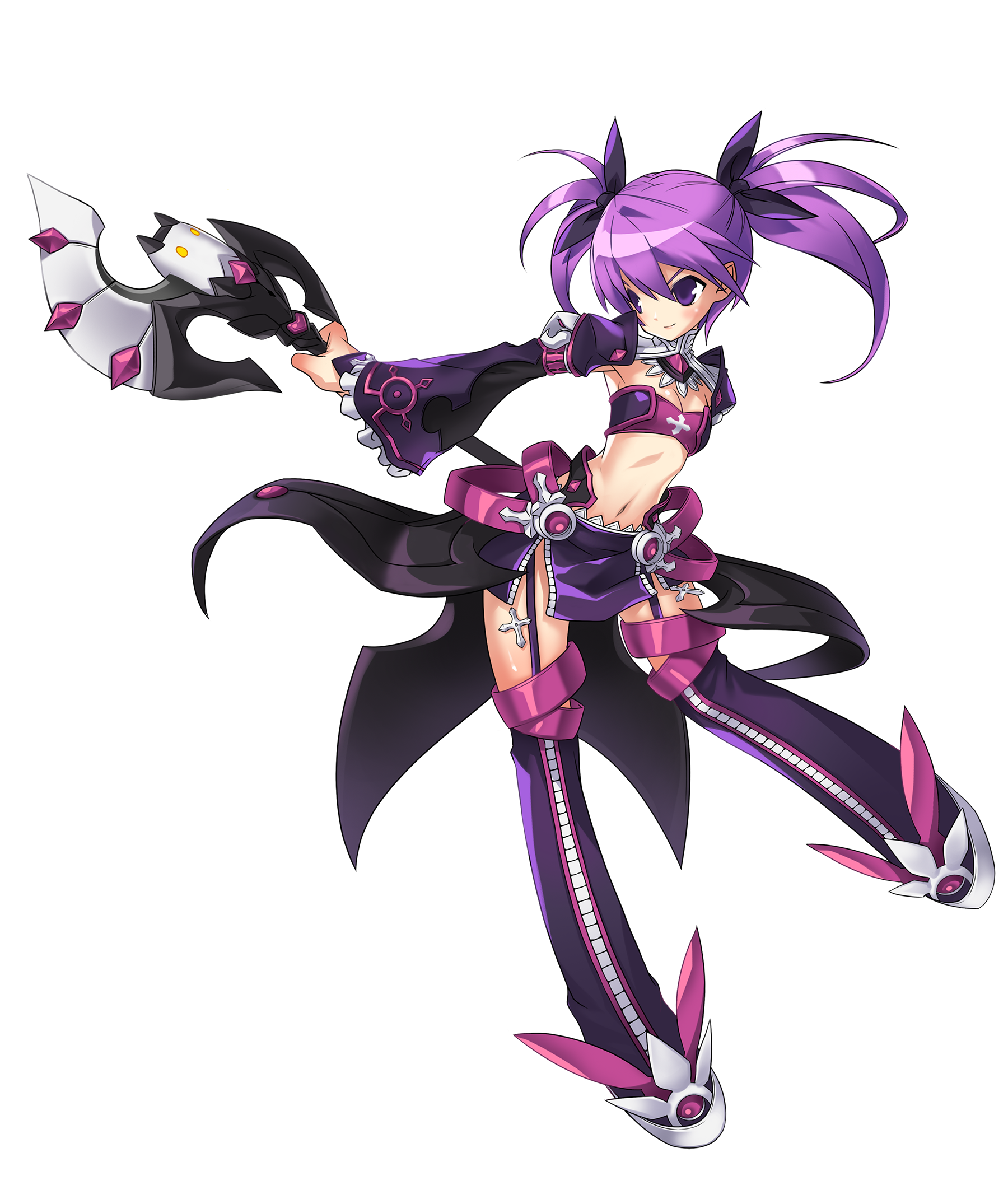 1girl aisha_landar arm_belt armored_shoes axe battle_axe belt black_bow black_shrug black_skirt black_thighhighs bow bra breasts cleavage closed_mouth collared_shrug cross determined dot_nose elsword fighting_stance floating_clothes floating_hair footwear_bow frilled_sleeves frills full_body game_cg hair_between_eyes hair_bow high_collar highres holding holding_axe holding_behind_back holding_weapon_behind_back juliet_sleeves layered_skirt leg_up light_blush long_hair long_skirt long_sleeves looking_to_the_side microskirt multiple_belts navel official_art pink_belt pink_bow pink_bra puffy_sleeves purple_eyes purple_hair purple_skirt ress ribbed_thighhighs ribs second-party_source shoes showgirl_skirt shrug_(clothing) side_slit skinny skirt sleeves_past_wrists small_breasts smile solo standing stomach strapless strapless_bra swept_bangs tachi-e thigh_belt thigh_strap thighhighs torn_clothes torn_skirt transparent_background tsurime twintails underwear v-shaped_eyebrows void_princess_(elsword) weapon white_shoes wide_sleeves zipper