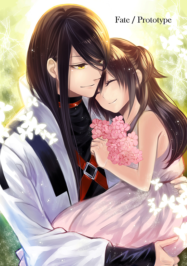 1boy 1girl aged_down black_hair child fate/prototype fate/prototype:_fragments_of_blue_and_silver fate_(series) flower long_hair paracelsus_von_hohenheim_(fate) qixiang_seren reiroukan_misaya short_twintails twintails yellow_eyes