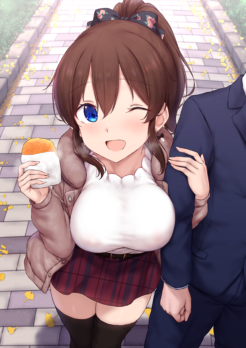 1boy 1girl ;d arm_hug belt_buckle black_bow black_thighhighs blue_eyes blue_suit blush bow breasts breath brown_hair brown_jacket buckle cai_geng earrings feet_out_of_frame food formal_clothes ginkgo_leaf grass hair_bow hetero holding holding_food idolmaster idolmaster_million_live! jacket jewelry leaf long_hair looking_at_another medium_breasts miniskirt one_eye_closed open_mouth out_of_frame outdoors ponytail producer_(idolmaster) red_skirt satake_minako shirt skirt smile solo_focus steam stud_earrings suit thighhighs white_shirt zettai_ryouiki