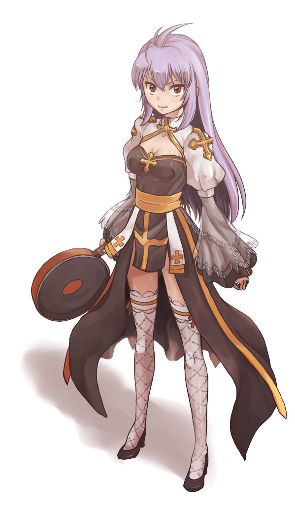 1girl arch_bishop_(ragnarok_online) black_footwear breasts brown_eyes cleavage closed_mouth cross frying_pan high_heels holding holding_frying_pan light_purple_hair long_sleeves puffy_sleeves purple_hair ragnarok_online see-through_clothes simple_background sleeves_past_wrists smile solo standing susukinohukurou turtleneck white_background white_legwear