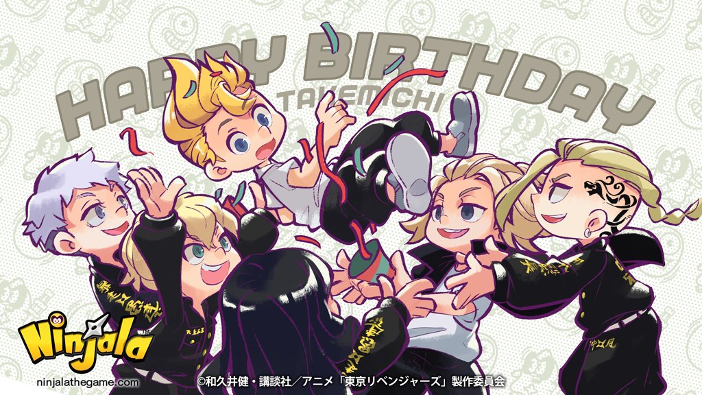 6+boys baggy_pants baji_keisuke belt black_hair black_sleeve_cuffs blonde_hair blue_eyes blue_pupils braid braided_ponytail buttons character_name coat commentary company_name confetti copyright_name copyright_notice dragon_tattoo earrings english_commentary english_text eyebrow_cut gold_buttons green_eyes grey_eyes grey_hair grey_shoes gumchi halftone halftone_background hanagaki_takemichi happy_birthday head_tattoo high_collar holding holding_party_popper jacket jacket_on_shoulders jewelry logo long_hair looking_at_viewer male_focus matsuno_chifuyu medium_hair mitsuya_takashi multiple_boys ninjala official_art open_clothes open_jacket open_mouth outline pants party_popper pocket polka_dot polka_dot_background popped_collar print_jacket print_pants print_sleeves profile purple_outline rianti-wong ryuuguuji_ken sano_manjirou second-party_source shirt shoes short_hair shuriken simple_background single_earring tattoo teeth text_print tokkoufuku tokyo_revengers tongue translation_request upper_teeth_only watermark weapon web_address white_belt white_shirt white_sleeves