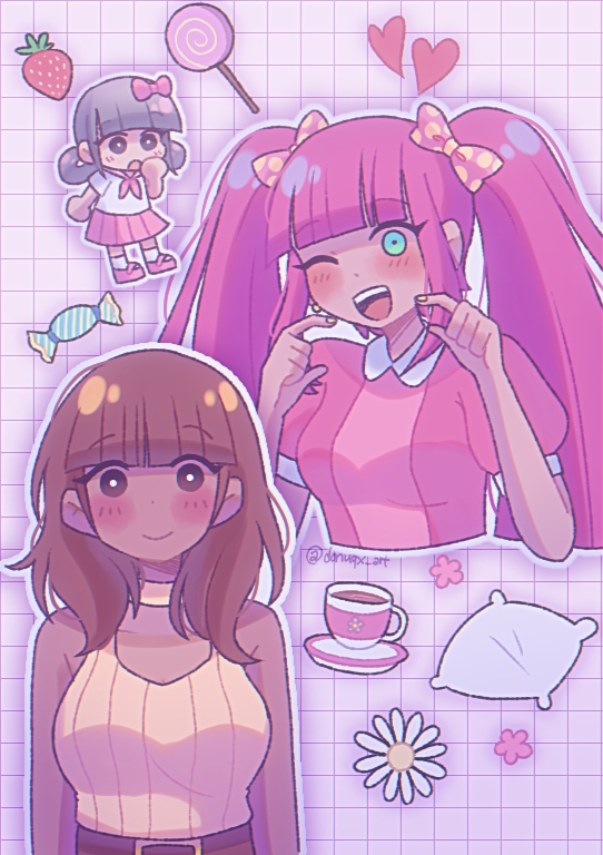 brown_eyes brown_hair candy dark-skinned_female dark_skin donuqx earrings flower food heart jewelry omori polly_(omori)