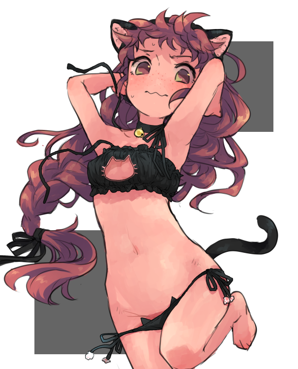 1girl animal_ears animal_print armpits barefoot bell black_bra black_hairband blush bra braid braided_ponytail breasts brown_eyes brown_hair cat_ears cat_lingerie cat_panties cat_print cat_tail cleavage cleavage_cutout clothing_cutout collar embarrassed fake_animal_ears female_focus floating_hair hairband isuzu_(log_horizon) log_horizon long_hair looking_at_viewer lying meme_attire mo_(deciliter) neck_bell on_back open_bra panties panty_pull print_panties side-tie_panties single_braid small_breasts solo sweatdrop tail underwear underwear_only very_long_hair white_background