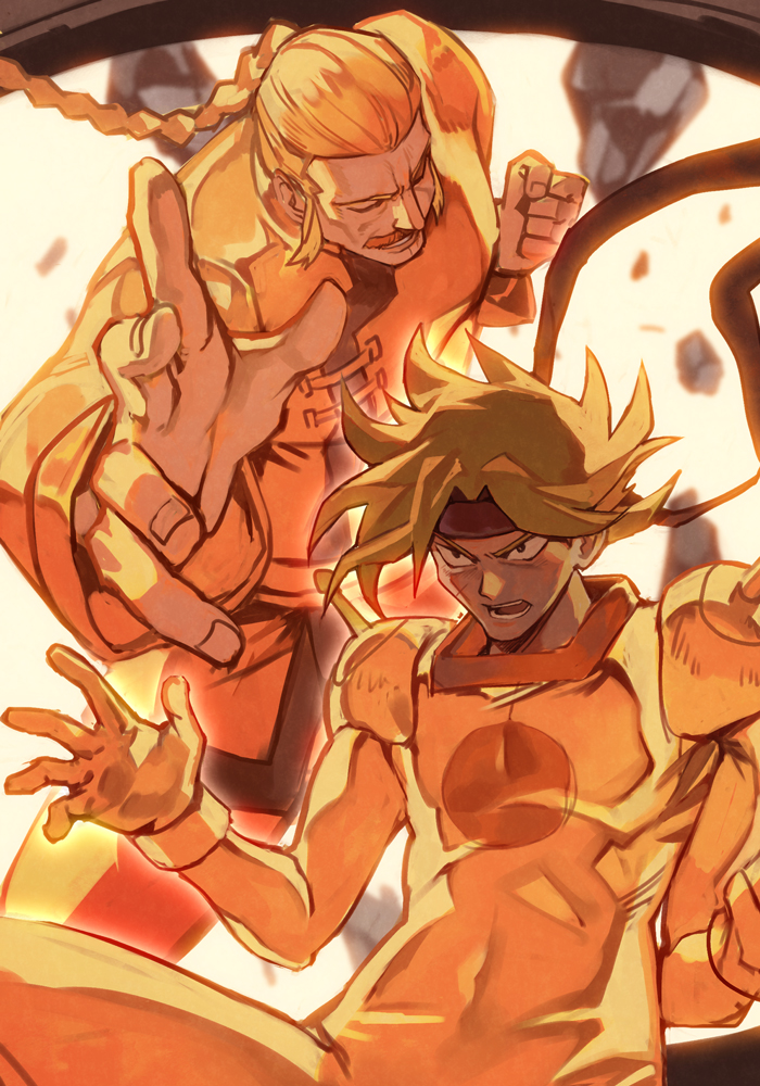 2boys blonde_hair braid clenched_hand closed_eyes debris domon_kasshu facial_hair facial_scar fighting_stance g_gundam glowing gundam headband hungry_clicker male_focus master_asia mecha_pilot_suit mobile_trace_suit multiple_boys mustache scar scar_on_cheek scar_on_face