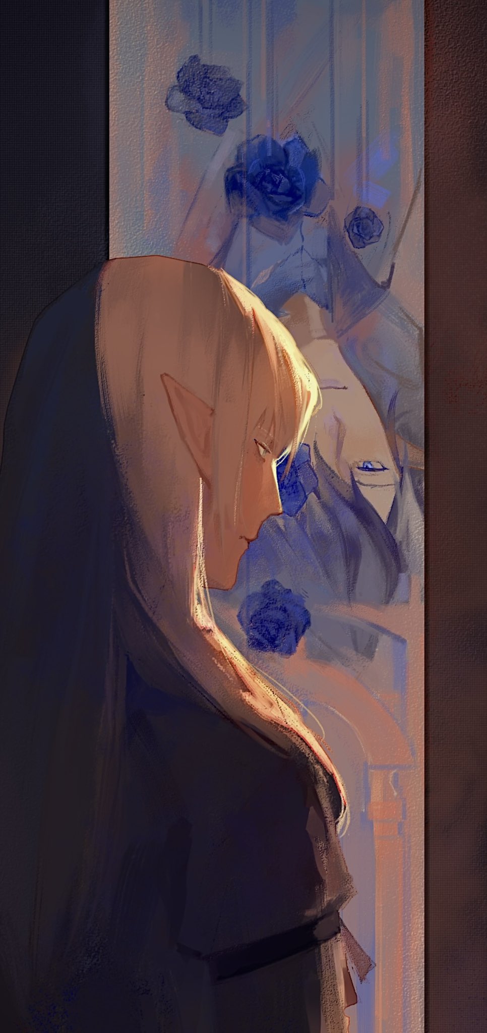 2boys aymeric_de_borel black_hair blue_eyes blue_flower blue_rose closed_mouth commentary elezen elf estinien_varlineau eye_contact final_fantasy final_fantasy_xiv flower hair_over_one_eye hashtag-only_commentary highres long_hair long_pointy_ears looking_at_another male_focus multiple_boys one_eye_covered pointy_ears rose standing szentnsidona white_hair