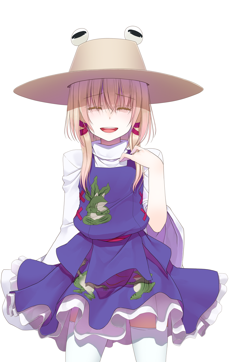 1girl blonde_hair closed_eyes crote female_focus hat highres moriya_suwako simple_background skirt smile solo thighhighs touhou transparent_background white_background white_thighhighs wide_sleeves