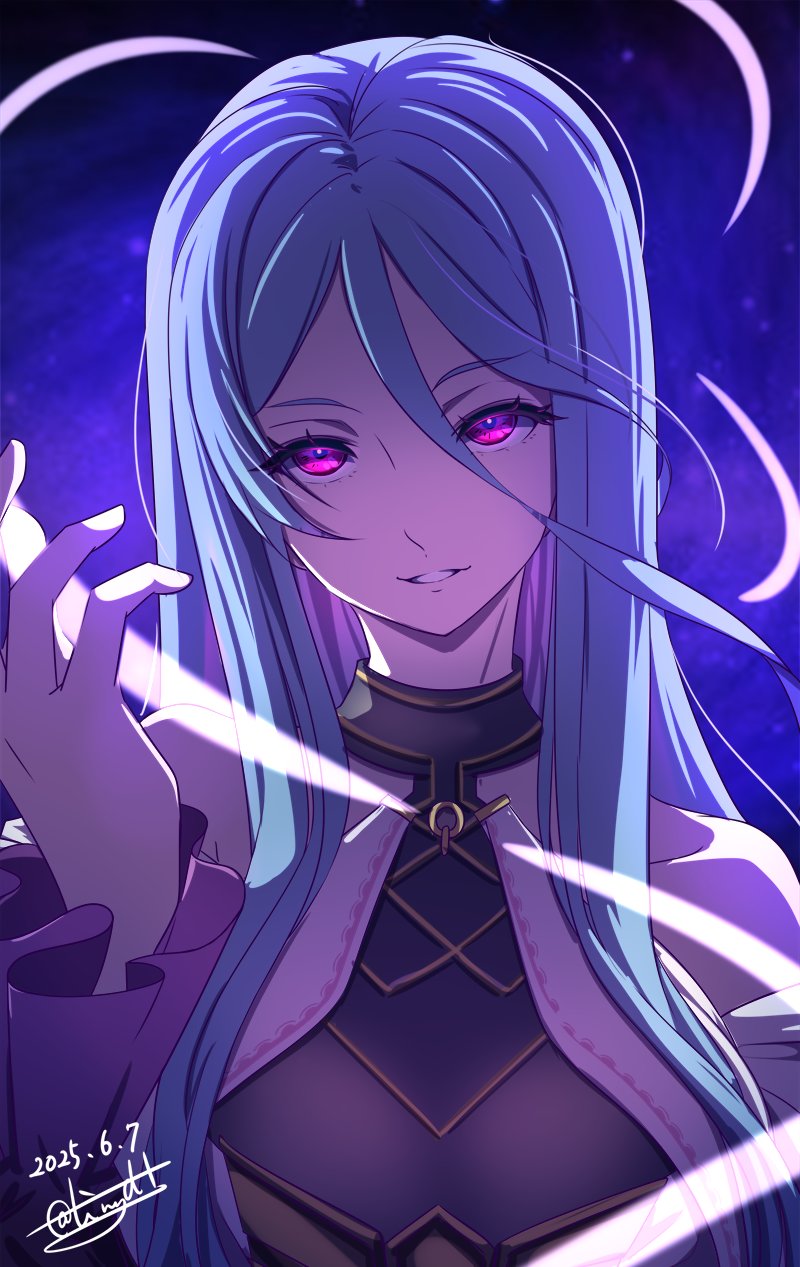 1girl blue_background blue_hair commentary_request dated eiyuu_densetsu eyelashes grandmaster_(eiyuu_densetsu) hair_between_eyes hajimari_no_kiseki highres long_hair looking_at_viewer parted_lips pink_eyes signature smile solo tinybiard upper_body