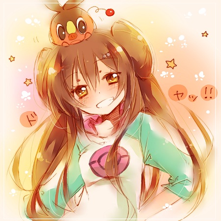 10s 1girl amamiya_kabosu bad_id bad_pixiv_id brown_hair double_bun gen_5_pokemon grin hair_bun long_hair looking_at_viewer lowres nintendo no_headwear pokemon pokemon_(creature) pokemon_bw2 raglan_sleeves rosa_(pokemon) smile star_(symbol) tepig twintails very_long_hair yellow_eyes
