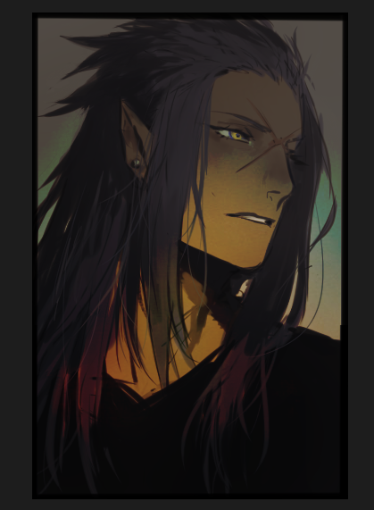 1boy black_coat_(kingdom_hearts) blue_hair border commentary cross_scar grey_border hair_slicked_back kingdom_hearts looking_to_the_side male_focus nonalternate parted_lips saix scar sidelocks solo upper_body yellow_eyes