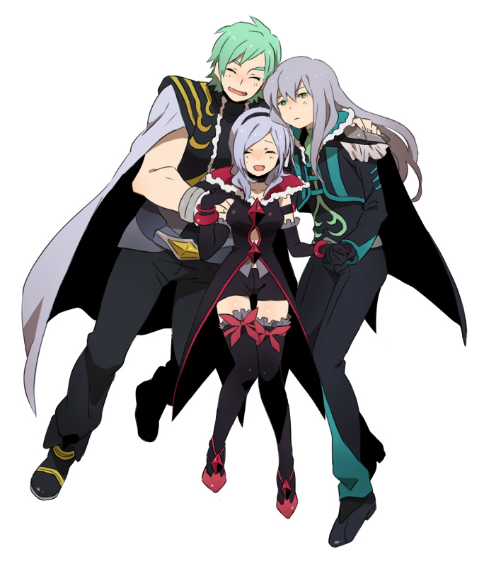 00s 1girl 2boys bike_shorts black_gloves black_neckwear black_shorts black_thighhighs boots cape choker closed_eyes coat eas_(fresh_precure!) elbow_gloves fresh_precure! full_body gloves green_hair grey_hair higashi_setsuna holding_hands long_hair minami_shun multiple_boys nishi_hayato pants precure shoes short_hair shorts smile souler souler_(fresh_precure!) thigh_boots thighhighs tsuu_(tu-3) wester wester_(fresh_precure!) white_background