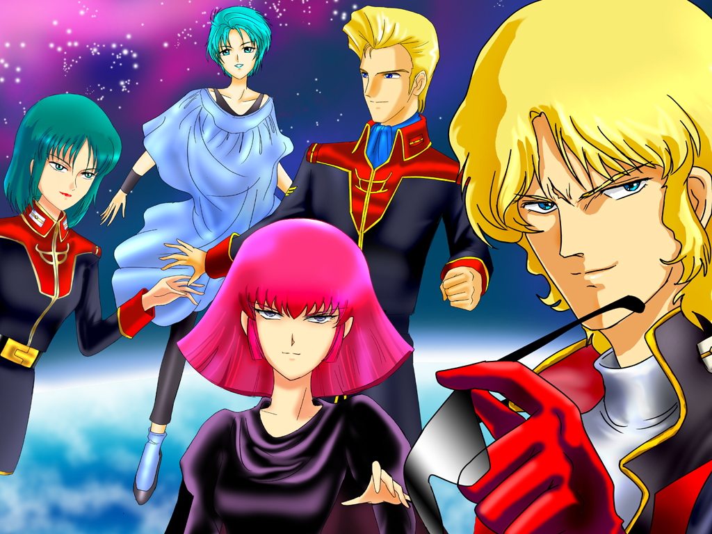 2boys 3girls aeug aqua_hair blonde_hair blue_eyes blue_scarf bob_cut commentary_request earth_(planet) four_murasame gloves green_eyes green_hair gundam haman_karn in_orbit jerid_messa looking_at_viewer luna_rune military_uniform mouar_pharaoh mullet multiple_boys multiple_girls nebula neo_zeon pink_hair planet pompadour purple_eyes quattro_bajeena red_gloves removing_eyewear scarf science_fiction short_hair sunglasses titans_(gundam) wristband zeta_gundam