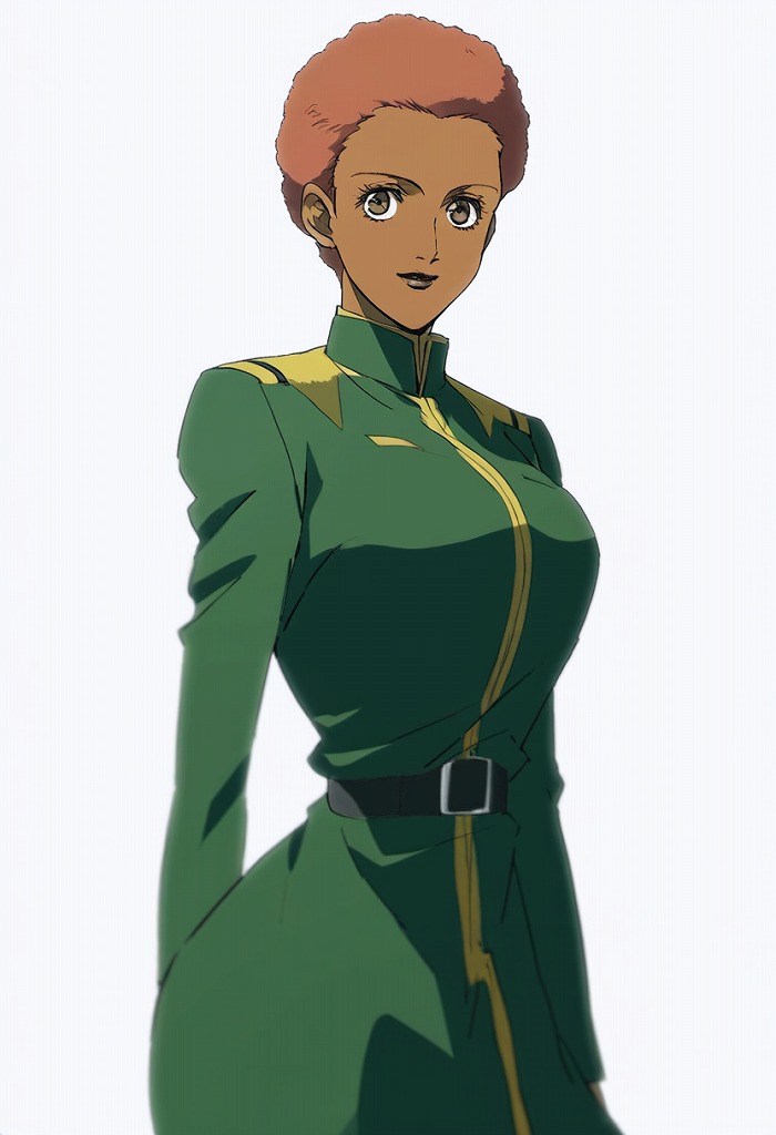 1980s_(style) 1990s_(style) 1girl afro belt brown_eyes brown_hair choujikuu_yousai_macross claudia_lasalle commentary_request dark_skin looking_at_viewer macross military military_uniform oldschool retro_artstyle science_fiction solo u.n._spacy upper_body user_cgun2288 variations white_background