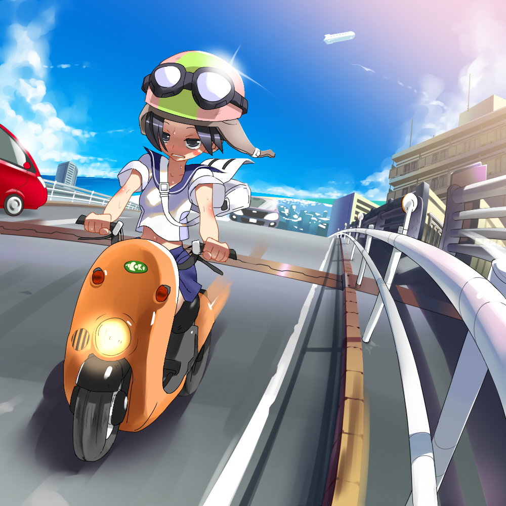 1girl black_hair clenched_teeth female_focus goggles helmet kobayakawa_rinko love_plus makokujira motor_vehicle motorcycle road school_uniform scooter serafuku short_hair skirt solo sweat teeth vehicle