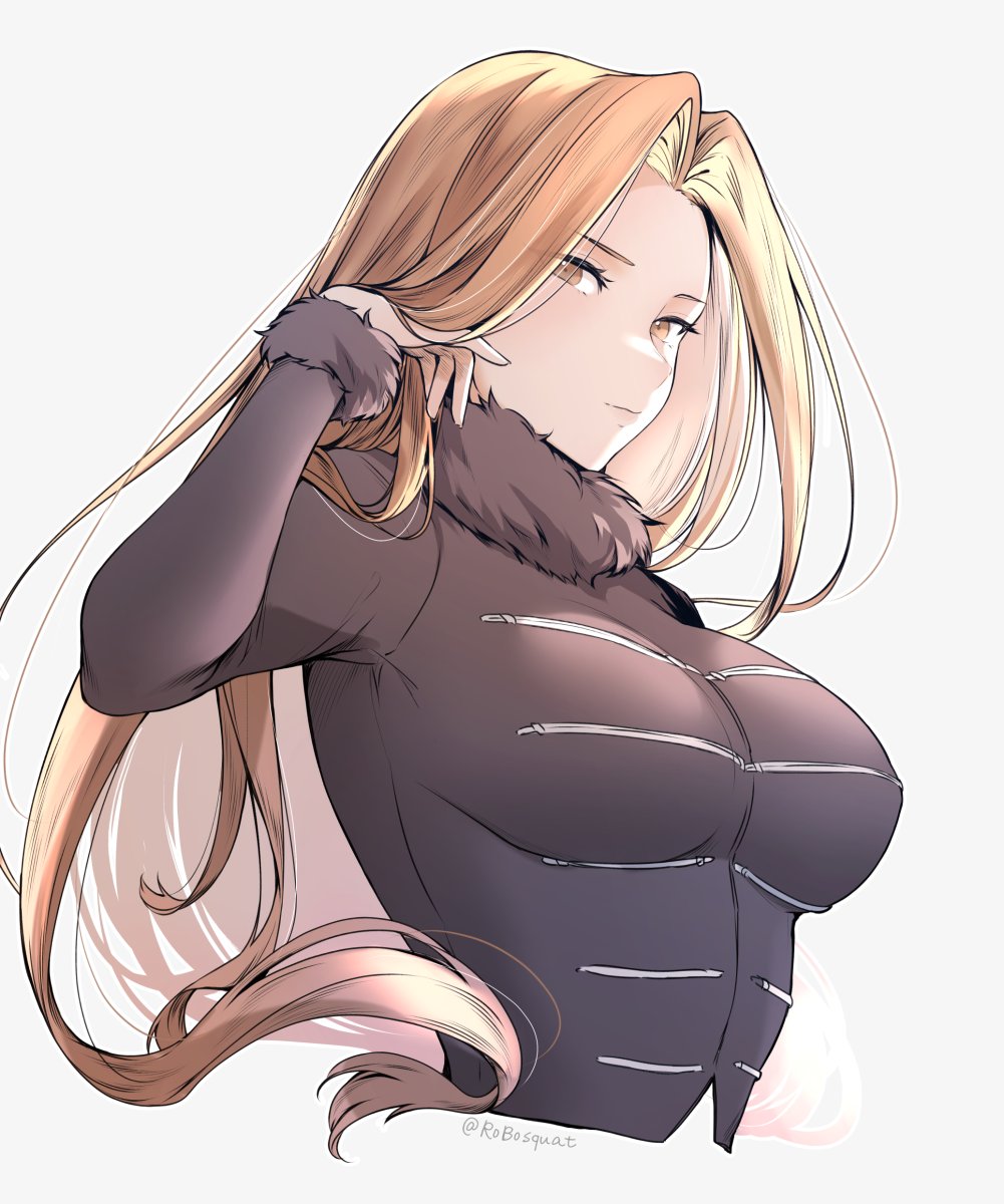 1girl blonde_hair breasts carrot_(robosquat) cropped_torso floating_hair fur_trim grey_background highres holding holding_own_hair long_hair long_sleeves looking_at_viewer looking_to_the_side methode_(sousou_no_frieren) signature solo sousou_no_frieren tucking_hair twitter_username