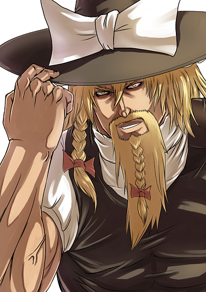 1boy beard beard_bow black_hat black_vest blonde_hair blouse bow braid braided_beard cho_marisa commentary_request facial_hair genderswap genderswap_(ftm) grin hair_between_eyes hair_bow hat hat_bow kirisame_marisa long_hair looking_at_viewer male_focus mitsuki_yuuya red_bow shirt side_braid simple_background smile solo touhou upper_body vest white_background white_hat white_shirt witch_hat yellow_eyes