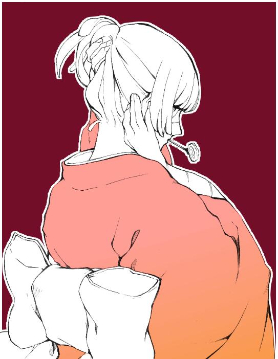 1girl arms_(game) back_bow bow from_behind hair_lift hair_ornament hair_stick japanese_clothes kakiyakee_(k_key_5) kimono min_min_(arms) neck short_hair solo spot_color