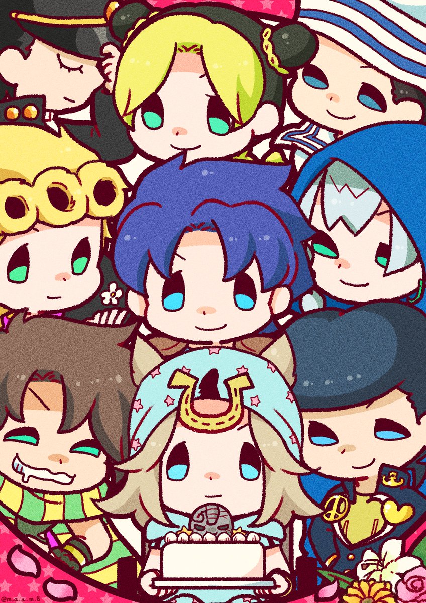 1girl 6+boys battle_tendency beanie birthday_cake black_coat black_hair blonde_hair blue_eyes blue_hair blue_hat blue_hood blue_hoodie booklet brooch cake chibi chibi_only closed_eyes coat commentary diamond_wa_kudakenai drooling english_commentary flower food gakuran giorno_giovanna gloves green_eyes green_gloves green_hair green_scarf green_shirt grey_hair hat heart heart_brooch higashikata_josuke higashikata_josuke_(jojolion) highres hood hood_down hood_up hoodie horseshoe_hat_ornament horseshoe_ornament jewelry jodio_joestar johnny_joestar jojo_no_kimyou_na_bouken jojolion jonathan_joestar joseph_joestar joseph_joestar_(young) kepi kuujou_jolyne kuujou_joutarou long_bangs m_a_a_m_8 male_focus medium_hair military_hat multicolored_hair multiple_boys peace_symbol petals phantom_blood pink_flower pink_rose pompadour rose sailor sailor_collar sailor_hat scarf school_uniform shirt smile star_(symbol) star_print stardust_crusaders steel_ball_run stone_mask_(jojo) stone_ocean striped_clothes striped_scarf the_jojolands two-tone_hair vento_aureo white_flower yellow_scarf zipper zipper_pull_tab