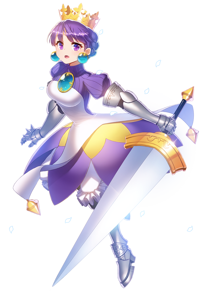 1girl armor bloomers crown earrings female_focus full_body gauntlets gold_crown gradriel gradriel_de_valendia greaves jewelry kail princess_crown purple_eyes purple_hair short_hair solo sword transparent_background underwear weapon white_background white_bloomers