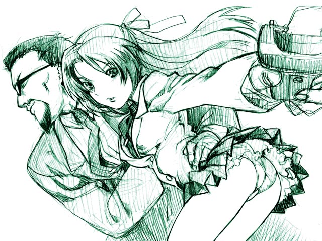 00s 1boy 1girl electroshock_weapon foreshortening half_updo higurashi_no_naku_koro_ni kasai_tatsuyoshi less-than-lethal_weapon monochrome nekomata_naomi panties pantyshot sketch sonozaki_shion stun_gun underwear