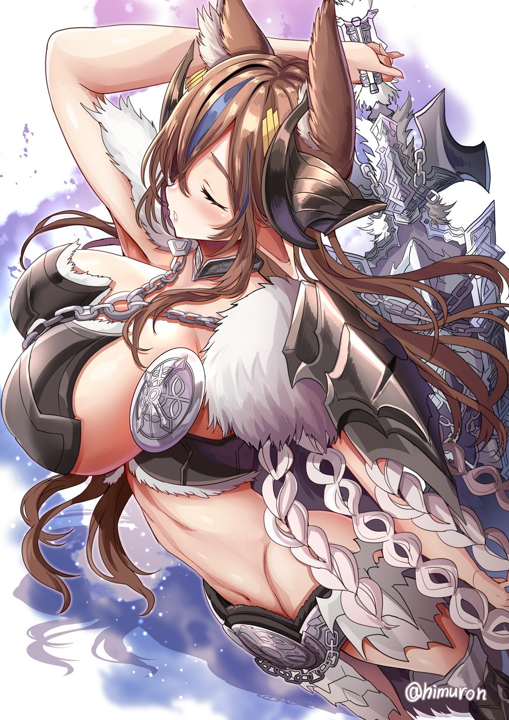 1girl alternate_costume animal_ears arkveld_(armor) blush breasts brown_hair closed_eyes cowboy_shot extra_ears galleon_(granblue_fantasy) granblue_fantasy greatsword highres himuro_shunsuke horns huge_breasts long_hair monster_hunter_(series) monster_hunter_wilds pointy_ears solo sword very_long_hair weapon