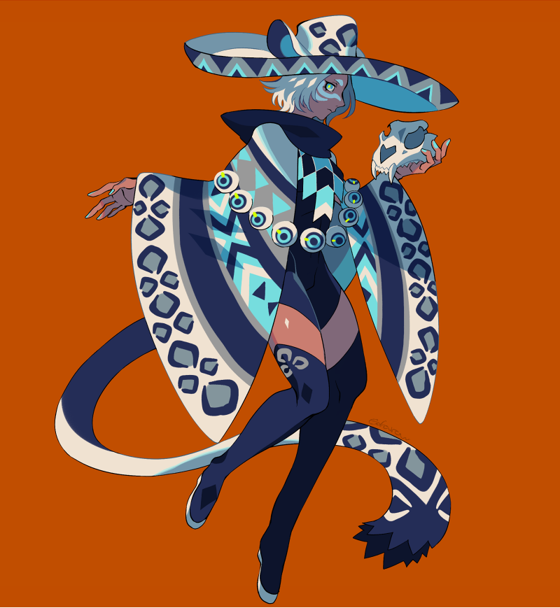 1boy black_thighhighs blue_eyes brown_background cat_skull commentary_request dark-skinned_female dark_skin edarow full_body hat holding holding_skull looking_at_viewer male_focus original poncho short_hair simple_background skull snow_leopard_boy snow_leopard_ears snow_leopard_tail solo sombrero thighhighs white_hair