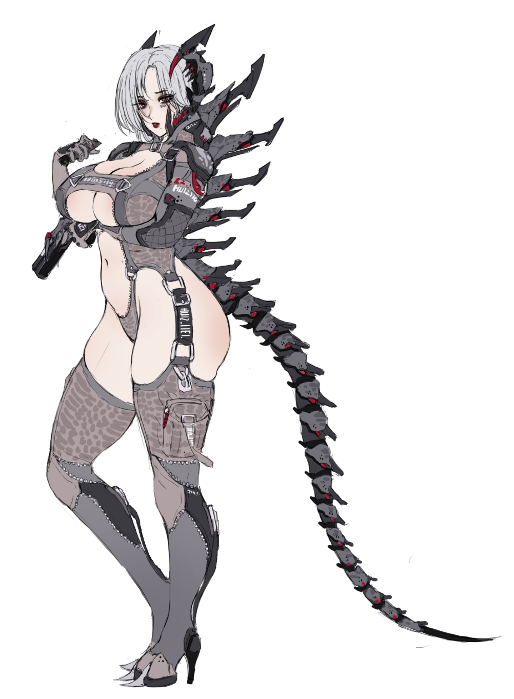 1girl ass breasts brown_thighhighs cleavage eyes_visible_through_hair from_side full_body grey_hair gun high_heels highres holding holding_gun holding_weapon hooves hui_z_jie large_breasts looking_at_viewer looking_to_the_side mechanical_spine mechanical_tail navel original parted_lips red_eyes revealing_clothes simple_background tail thighhighs underboob weapon white_background