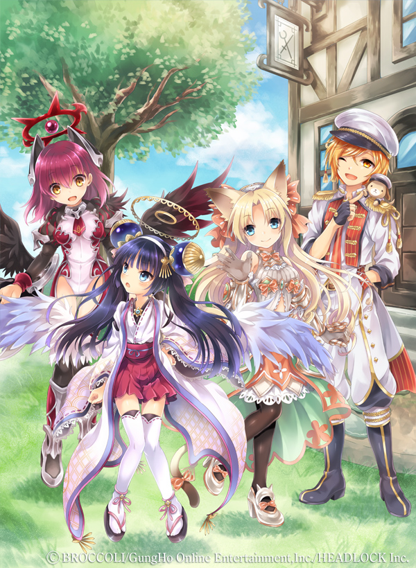 1boy 3girls :d ;d animal_ears bad_id bad_pixiv_id black_hair black_legwear black_wings blonde_hair blue_eyes brown_eyes cat_ears cat_tail emil_chronicle_online feathered_wings hair_ornament hairband halo hat kona_(canaria) military military_uniform mitama_celes mitama_elise mitama_forte mitama_ruri multiple_girls naval_uniform nontraditional_miko official_art one_eye_closed open_mouth orange_eyes orange_hair peaked_cap pleated_skirt red_hair skirt smile stuffed_animal stuffed_dog stuffed_toy tail thighhighs white_legwear white_wings wings zettai_ryouiki