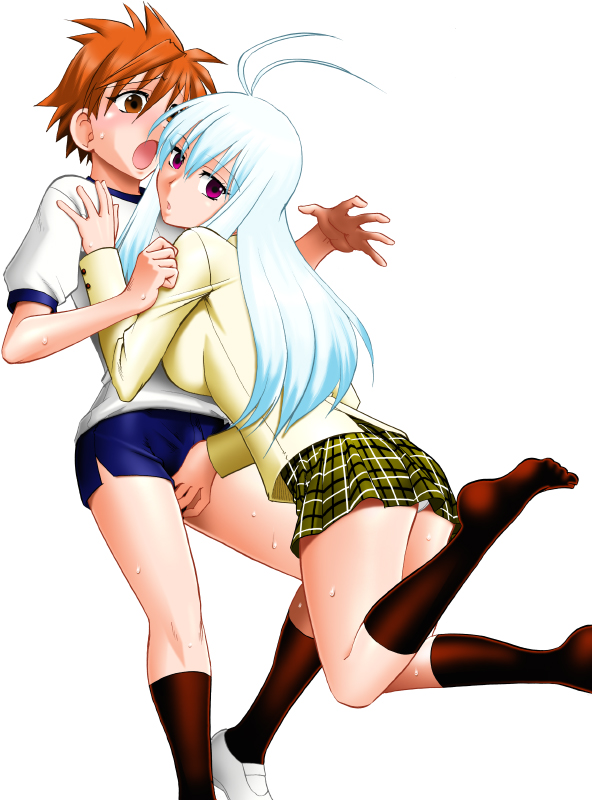 1boy 1girl antenna_hair bad_source blue_shorts blush breasts brown_hair bulge erection erection_under_clothes hand_on_another&#039;s_shoulder hetero jumping large_breasts long_hair medium_breasts mokkouyou_bond open_mouth panties panty_peek pantyshot plaid_clothes plaid_skirt pleated pleated_skirt print_skirt purple_eyes run_elsie_jewelria sainan_high_school_uniform school_uniform short_hair shorts skirt socks sweat to_love-ru to_love-ru_darkness underwear white_hair white_panties yuuki_rito