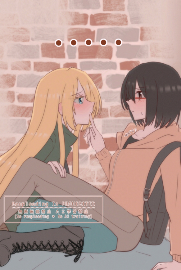 ... 2girls backpack bag between_legs black_hair blonde_hair blue_eyes blue_pants blush boots brick_wall brown_boots brown_eyes commentary_request finger_to_another&#039;s_mouth from_side green_jacket hand_on_another&#039;s_thigh hood hoodie jacket kamikoshi_sorawo kgr_1622 long_hair long_sleeves looking_at_another multiple_girls nishina_toriko orange_hoodie pants profile short_hair urasekai_picnic watermark yuri