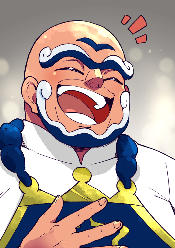 1boy :d apron bald beard blue_apron closed_eyes commentary_request facial_hair gomomo00 hand_up happy jacket kofu_(pokemon) male_focus nintendo open_mouth pokemon pokemon_sv shout_lines smile solo teeth thick_eyebrows tongue unibrow upper_body white_jacket