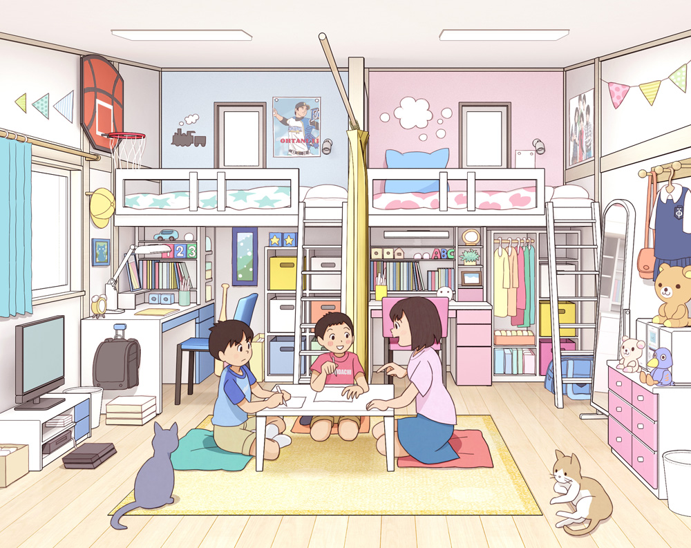 1girl 2boys absurdly_detailed_composition blue_skirt blush brother_and_sister brown_hair brown_shorts carpet cat chabudai_(table) chair curtains desk fixed-point_camera indoors kiyo_(kyokyo1220) korilakkuma loaded_interior loft_bed mirror multiple_boys on_floor ootani_shouhei original pink_shirt poster_(object) red_shirt rilakkuma san-x shirt short_hair shorts siblings sitting skirt smile stuffed_animal stuffed_toy table teddy_bear television time_lapse window