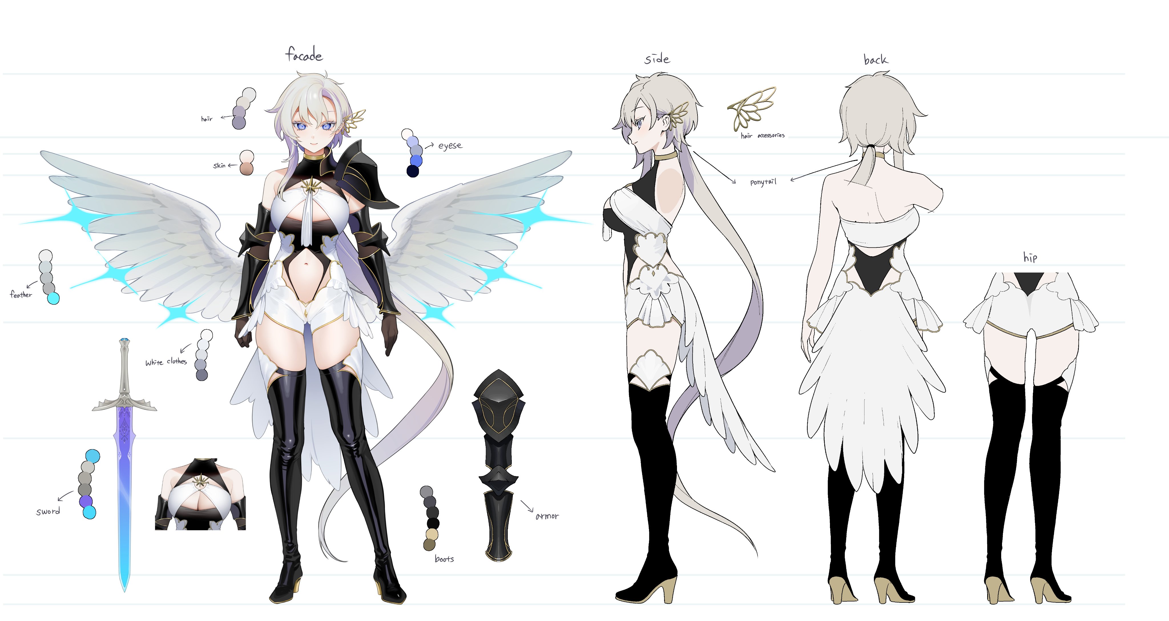 1girl absurdres angel_wings armor back backless_outfit bare_shoulders blue_eyes boots breasts reference_sheet clothing_cutout color_guide commentary elbow_gloves english_commentary full_body gloves gluteal_fold grey_hair hair_between_eyes high_heel_boots high_heels highres liora_walkyria long_hair looking_at_viewer low_wings multiple_views navel official_art ohisashiburi shoulder_armor simple_background smile standing stomach_cutout sword thigh_boots thighhighs v&u_entertainment very_long_hair virtual_youtuber weapon white_background wings