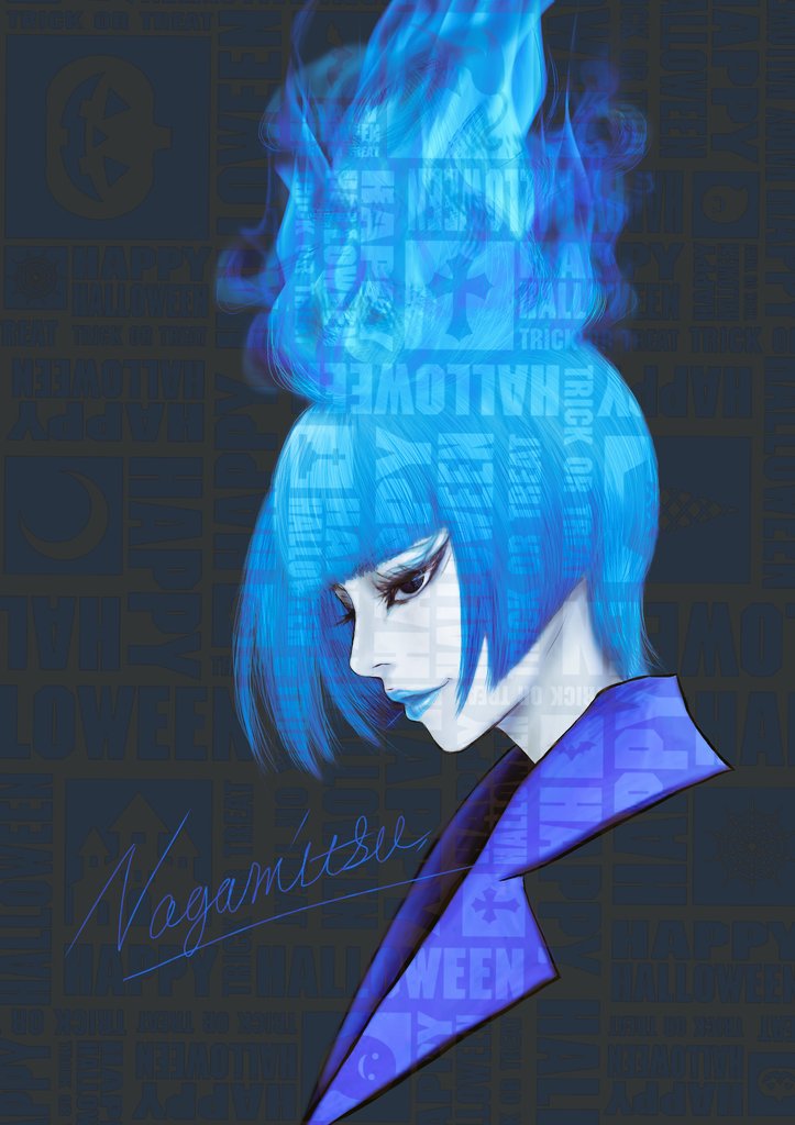 1girl ancient_greek_clothes animification blue_fire blue_hair blue_lips closed_mouth disney disneyland fiery_hair fire formal_clothes from_side greco-roman_clothes hades_(disney) hercules_(1997_film) himation lipstick long_sleeves makeup mame4ba ms._hades short_hair simple_background solo suit