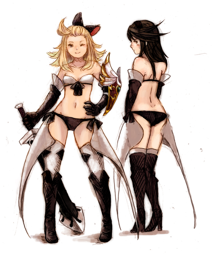 2girls agnes_oblige ahoge blonde_hair blue_eyes blush bow bravely_default:_flying_fairy bravely_default_(series) breasts commentary_request edea_lee elbow_gloves gloves hair_bow long_hair looking_at_viewer ma-hain-scarlet multiple_girls simple_background smile sword thighhighs underwear underwear_only weapon white_background