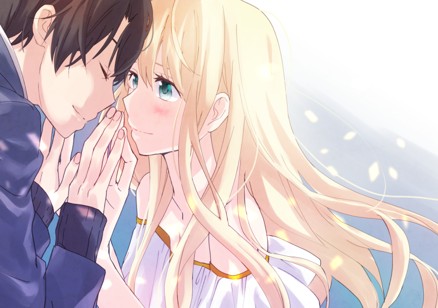 1boy 1girl aldnoah.zero asseylum_vers_allusia bare_shoulders blonde_hair blue_sweater blush brown_hair closed_eyes collarbone commentary_request dress fingernails floating_hair forehead-to-forehead gold_trim green_eyes hair_between_eyes hase_kurayu heads_together height_difference kaizuka_inaho long_hair long_sleeves looking_at_another off_shoulder pink_nails profile sleeves_past_wrists sweater very_long_hair white_dress