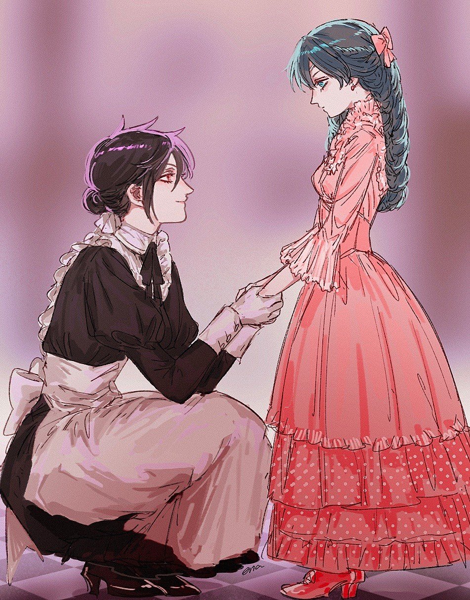 2girls apron black_bow black_bowtie black_dress black_hair black_shoes blue_eyes blue_hair blurry blurry_background bow bowtie checkered_floor ciel_phantomhive closed_mouth collared_dress dress earrings ena33333333 frilled_dress frills genderswap genderswap_(mtf) gloves hair_bow hair_bun highres jewelry juliet_sleeves kuroshitsuji layered_dress long_dress long_hair long_sleeves looking_at_another maid maid_apron multiple_girls pink_bow pink_dress polka_dot puffy_sleeves red_eyes sebastian_michaelis shoes single_hair_bun sleeve_cuffs smile squatting standing stud_earrings white_gloves