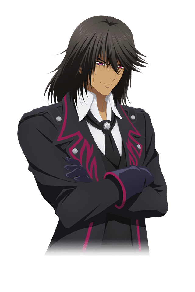 1boy black_hair clothes coat dark_skin dark-skinned_male gaius_(tales) gloves jacket long_hair looking_at_viewer male_focus necktie official_art purple_eyes shirt simple_background smile solo standing tales_of_(series) tales_of_xillia tales_of_xillia_2