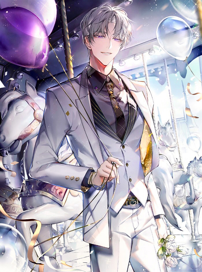 1boy balloon belt black_belt black_necktie carousel charlie_su chinese_commentary closed_mouth collar_chain_(jewelry) collared_shirt confetti cowboy_shot cuff_links curtained_hair day flower formal_clothes grey_hair holding holding_balloon holding_flower jacket lapels light_and_night_love light_particles long_sleeves looking_at_viewer male_focus necktie notched_lapels open_clothes open_jacket pants parted_bangs parted_lips print_necktie purple_eyes purple_shirt rose s_(olath) shirt short_hair smile solo standing streamers suit suit_jacket two-sided_fabric two-sided_jacket vest white_flower white_jacket white_pants white_rose white_suit white_vest