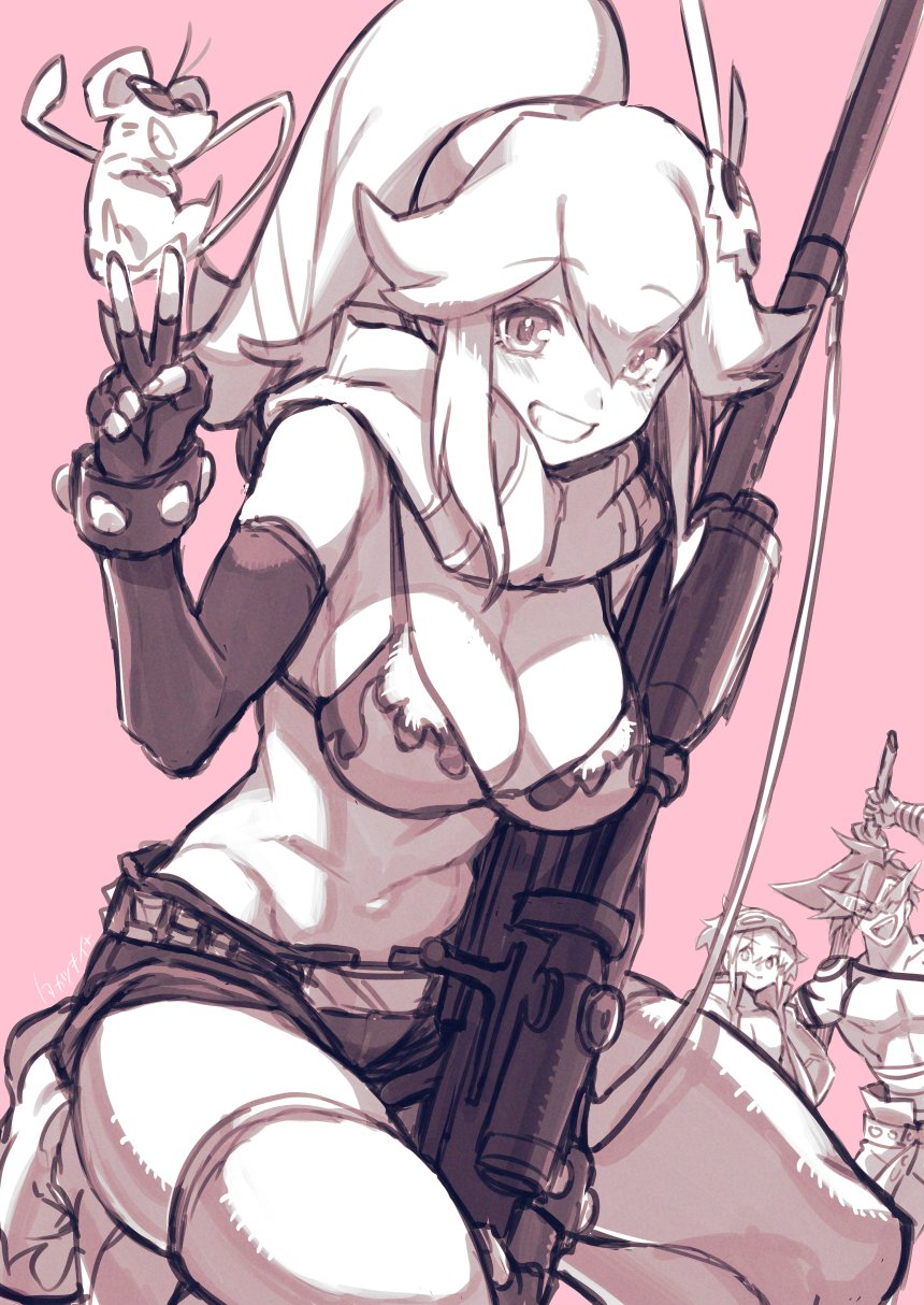aina_ardebit anti-materiel_rifle belt bikini bikini_top_only boota_(ttgl) boota_(ttgl)_(cosplay) breasts character_request cosplay eyes_visible_through_hair flame_print galo_thymos gun hair_ornament highres kamina_(ttgl) kamina_(ttgl)_(cosplay) large_breasts lio_fotia monochrome mouse_(animal) no_shirt pink_thighhighs promare rifle scarf simon_(ttgl) simon_(ttgl)_(cosplay) skull_hair_ornament sniper_rifle studded_belt swimsuit takatsuki_ichi tengen_toppa_gurren_lagann thighhighs weapon yoko_littner yoko_littner_(cosplay)